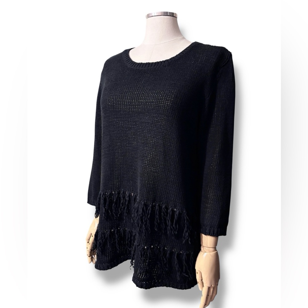 ELLIOT LAUREN Black Scoop Neck Loose Knit Sweater Fringe Detail 3/4 Sleeves